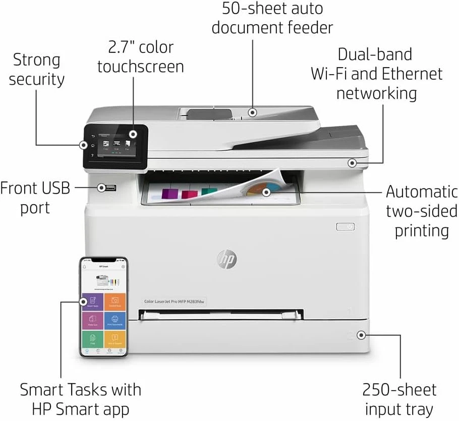 HP Color LaserJet Pro M283fdw Wireless All-in-One Laser Printer, Remote Mobile Print, Scan & Copy, Duplex Printing, Works With Alexa (7KW75A), White 2 HP Color LaserJet Pro M283fdw Wireless All-in-One Laser Printer, Remote Mobile Print, Scan & Copy, Duplex Printing, Works With Alexa (7KW75A), White - Image 2