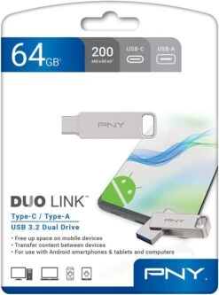 PNY 64GB Duo Link USB 3.2 Type-C Dual Flash Drive For Android Devices And Computers - External Mobile Storage For Photos, Videos, And More - 200MB/s,Silver -Appliantrix Cheap Store 5149xl5jRL. AC SL1000
