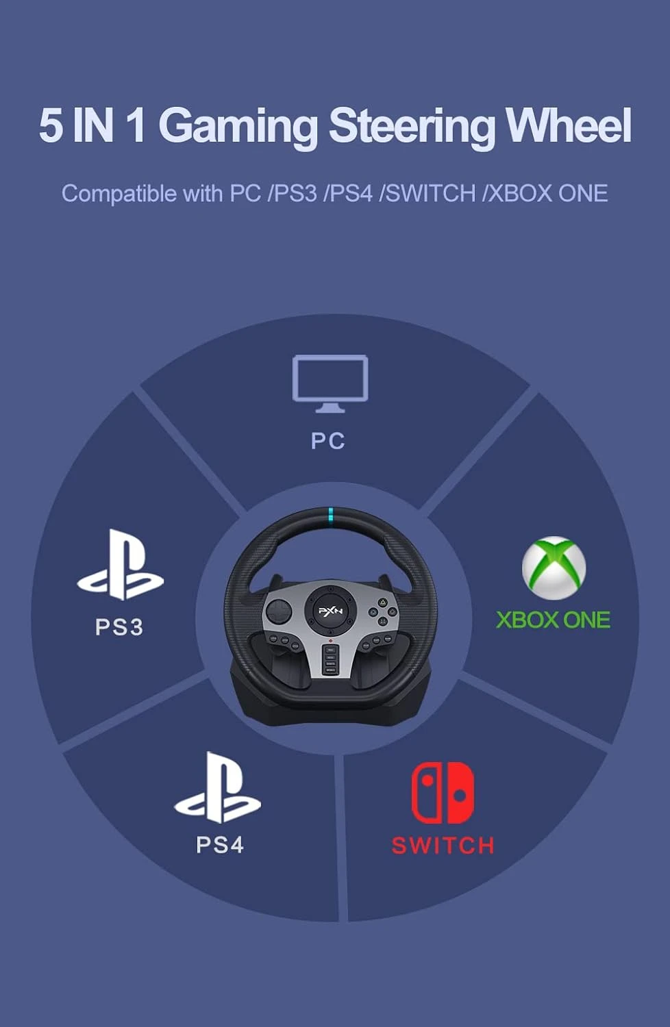 PXN V9 Gaming Racing Steering Wheel, 270/900° Car Simulation, With 3-Pedals And Shifter Bundle Pedal, Paddle Shifters Driving Wheel For PS4, Xbox Series X|S, PS3, PC, Xbox One, Nintendo Switch 3 PXN V9 Gaming Racing Steering Wheel, 270/900° Car Simulation, With 3-Pedals And Shifter Bundle Pedal, Paddle Shifters Driving Wheel For PS4, Xbox Series X|S, PS3, PC, Xbox One, Nintendo Switch - Image 3