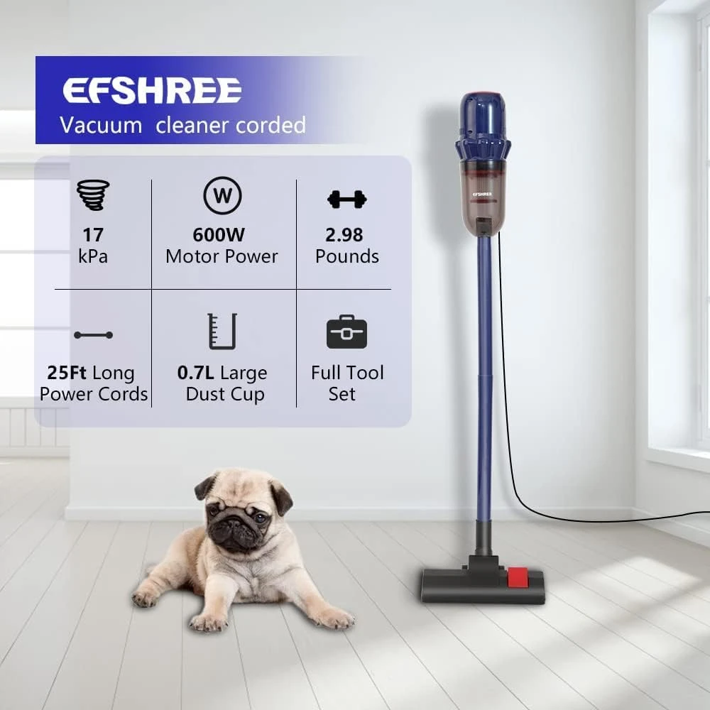 EFSHREE Vacuum Cleaner, Corded Stick Handheld Vacuums 17KPA Powerful Suction 600W Motor, Lightweight Vacuum Cleaners For Pet Hair Floor & Carpet (Navy) 2 EFSHREE Vacuum Cleaner, Corded Stick Handheld Vacuums 17KPA Powerful Suction 600W Motor, Lightweight Vacuum Cleaners For Pet Hair Floor & Carpet (Navy) - Image 2