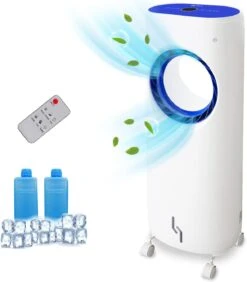 Evaporative Portable Air Cooler Tower Fan With Ice Packs, 3 Speeds, Low Noise, Bladeless Design And Remote