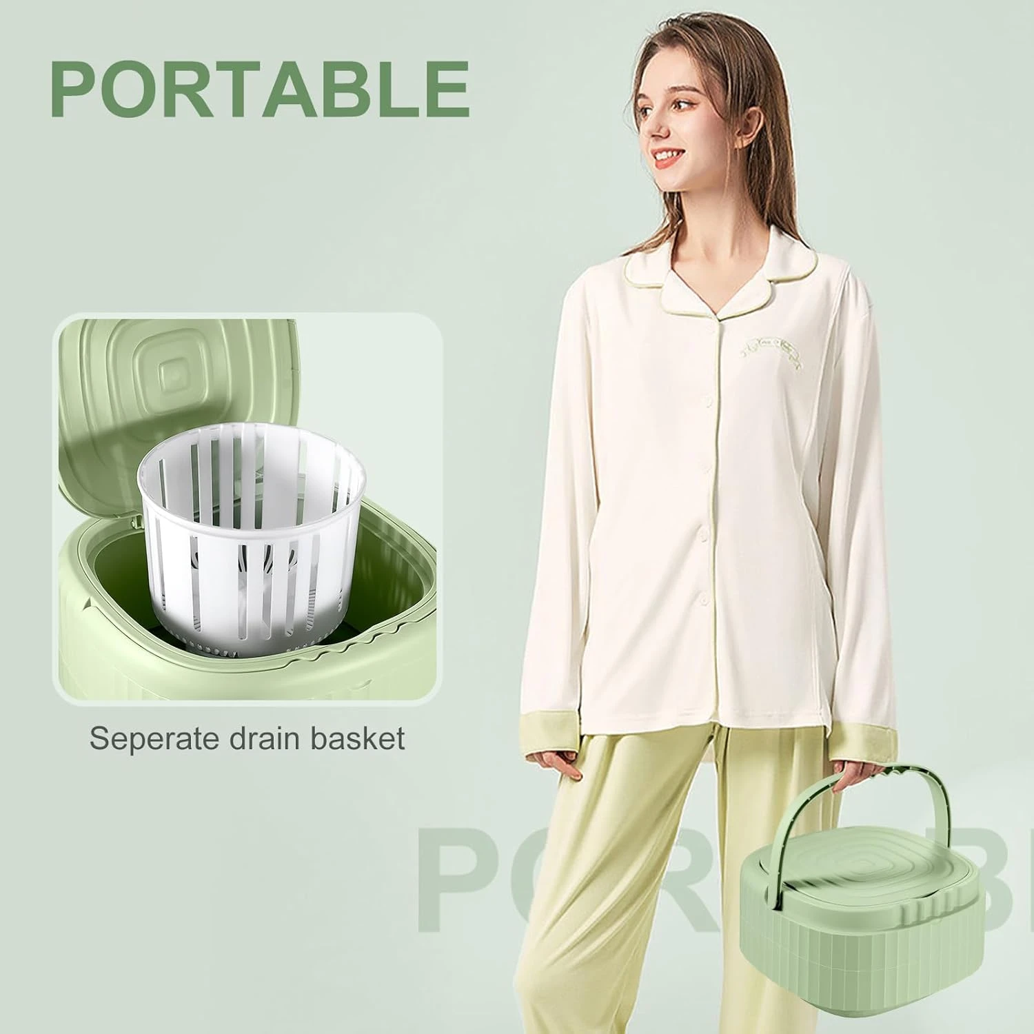 Portable Washing Machine,Mini Washing Machine,9L Large Capacity, With Drainage Basket,for Baby Clothes,Underwear Or Small Items,Convenient And Clean,Folding Deign, For Apartment Or Travel,Green 7 Portable Washing Machine,Mini Washing Machine,9L Large Capacity, With Drainage Basket,for Baby Clothes,Underwear Or Small Items,Convenient And Clean,Folding Deign, For Apartment Or Travel,Green - Image 7