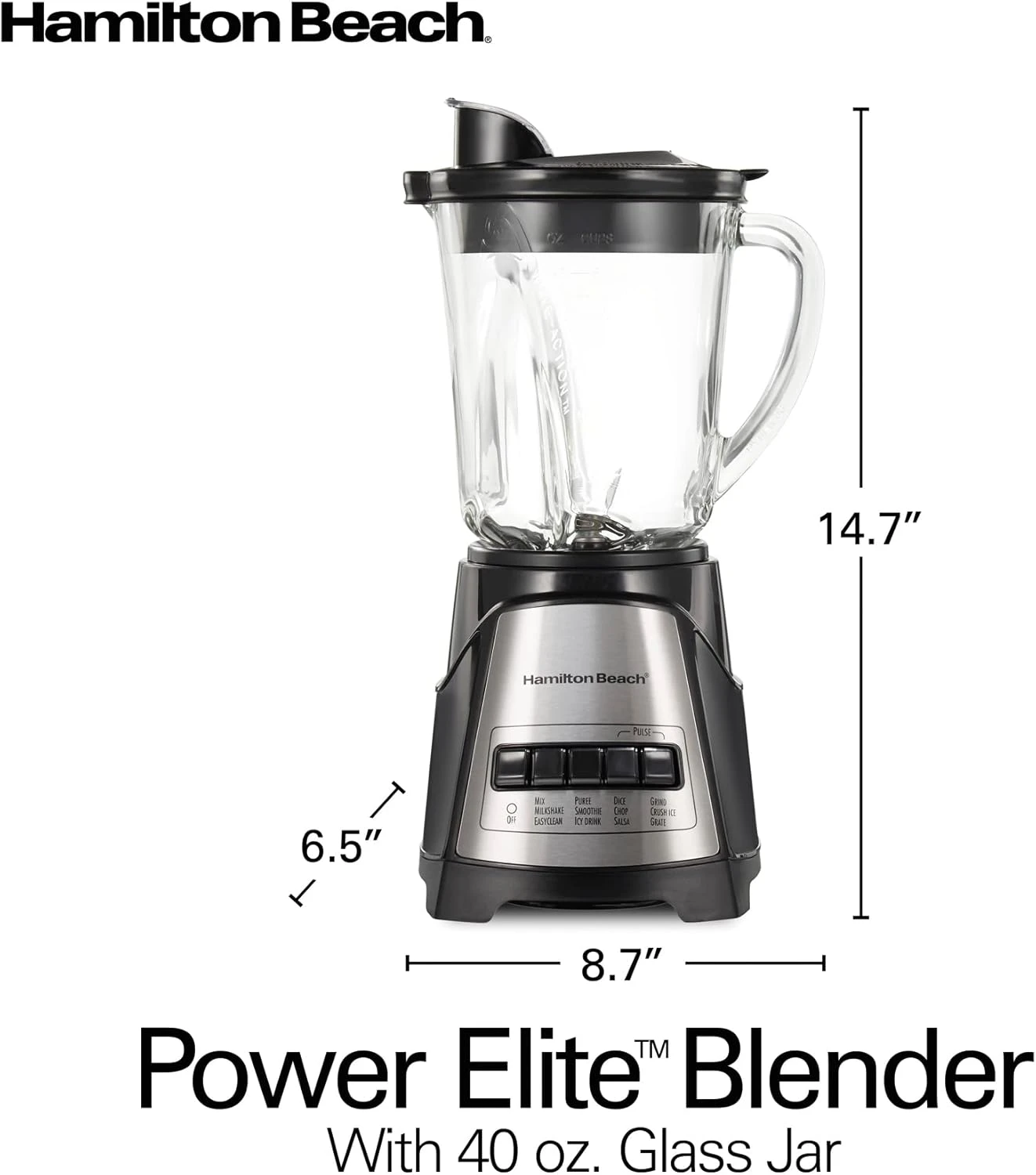 Hamilton Beach Power Elite Wave Action Blender-for Shakes & Smoothies, Puree, Crush Ice, 40 Oz Glass Jar, 12 Functions, Stainless Steel Ice Sabre-Blades, Black (58148A) 8 Hamilton Beach Power Elite Wave Action Blender-for Shakes & Smoothies, Puree, Crush Ice, 40 Oz Glass Jar, 12 Functions, Stainless Steel Ice Sabre-Blades, Black (58148A) - Image 8