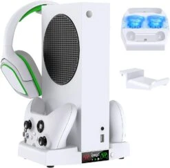 Vertical Cooling Stand For Xbox Series S Console, MENEEA Dual Charging Station Dock For Controller With Adjustable 3 Level Wind Cooling Fans And 1x Headphone Stand, Cooling Charger Accessories (White)
