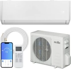 Mollie Wifi Enabled 9000 BTU Split Air Conditioner 115V Wall Mounted AC/Heating System, 22 SEER2, Heat Pump & Washable Filter & Installation Kits - Cools Rooms Up To 400 Sq. Ft