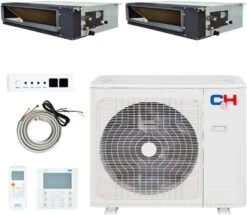 Dual Zone 12,000 + 18,000 BTU Concealed Duct Mini Split Air Conditioner And Heat Pump Full Set With 25ft Installation Kits