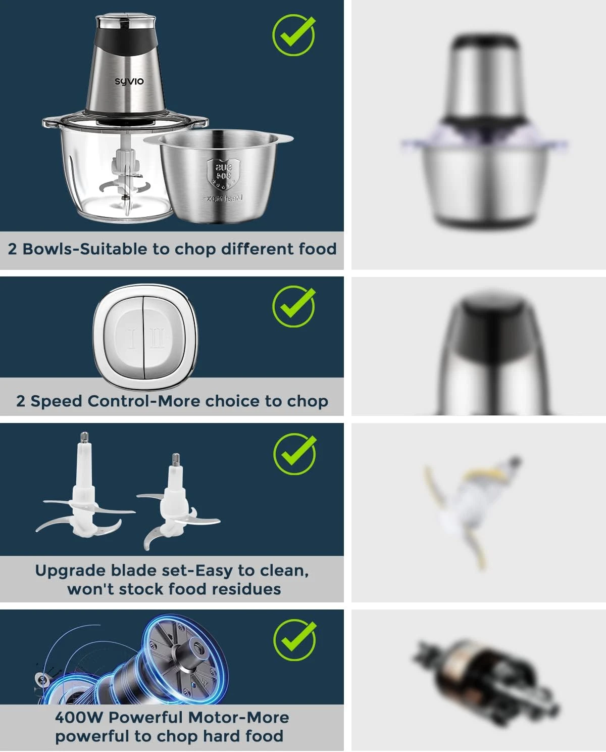 Syvio Food Processors With 2 Bowls, Meat Grinder 4 Bi-Level Blades, Mini Electric Food Chopper 400W, For Baby Food, Meat, Onion, Vegetables, 2 Speed, 8 Cup And 5 Cup 4 Syvio Food Processors With 2 Bowls, Meat Grinder 4 Bi-Level Blades, Mini Electric Food Chopper 400W, For Baby Food, Meat, Onion, Vegetables, 2 Speed, 8 Cup And 5 Cup - Image 4