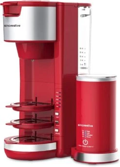 Sincreative KCM207RD 2 In 1 Single Serve Coffee Maker Cappuccino Machine With Milk Frother And Height Adjustable Drip Tray For 6 To 14 Oz Cups, Red
