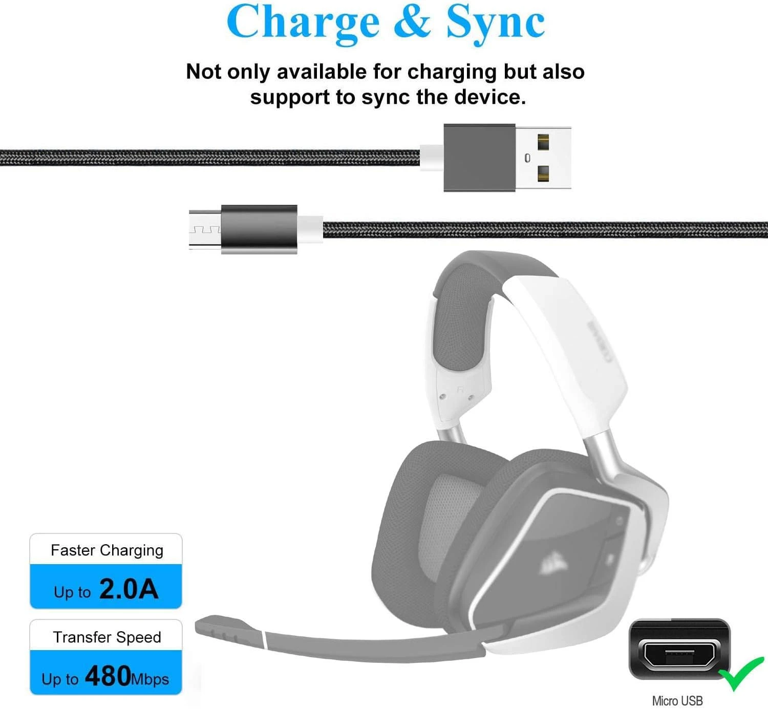 Replacement USB Charging Cable For Corsair Gaming Void RGB Elite Wireless Premium Gaming Headset Micro USB Cable (5ft Black) 2 Replacement USB Charging Cable For Corsair Gaming Void RGB Elite Wireless Premium Gaming Headset Micro USB Cable (5ft Black) - Image 2