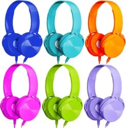 Wensdo 6 Pack Kids Headphones Bulk For School Classroom Students Wired Headsets, Durable Earphones For Children, Library Airplane Online Learning And Travel (6 Mixed Colors)