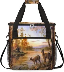 Cfpolar Coffee Maker Carrying Bag Sunset River Fall Deer Travel Coffee Machine Bag Carrying Organizer Case Portable Single Serve Coffee Brewer Tote Bag Storage Bag For Camping Picnic