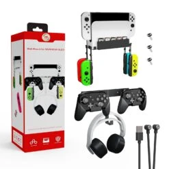 Wall Mount For Switch/for Switch OLED Game Console, Wall Mount Holder Stand Grip Universal 2-in-1 Wall Bracket Magnetic Charging Strap 1-out-2 (black)