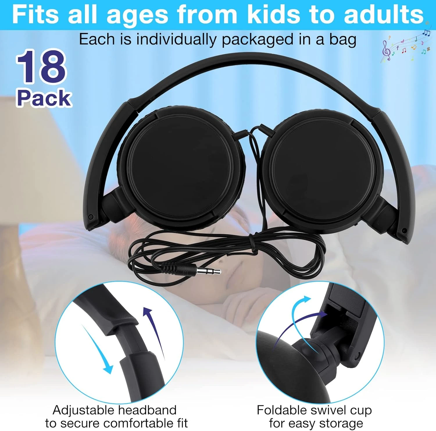 Yunsailing 18 Pack Classroom Headphones Bulk Student Headphones Wired Class Headphones Set For Kids School With Individually Wrapped Adjustable Over Ear Head Earbuds (Black) 2 Yunsailing 18 Pack Classroom Headphones Bulk Student Headphones Wired Class Headphones Set For Kids School With Individually Wrapped Adjustable Over Ear Head Earbuds (Black) - Image 2