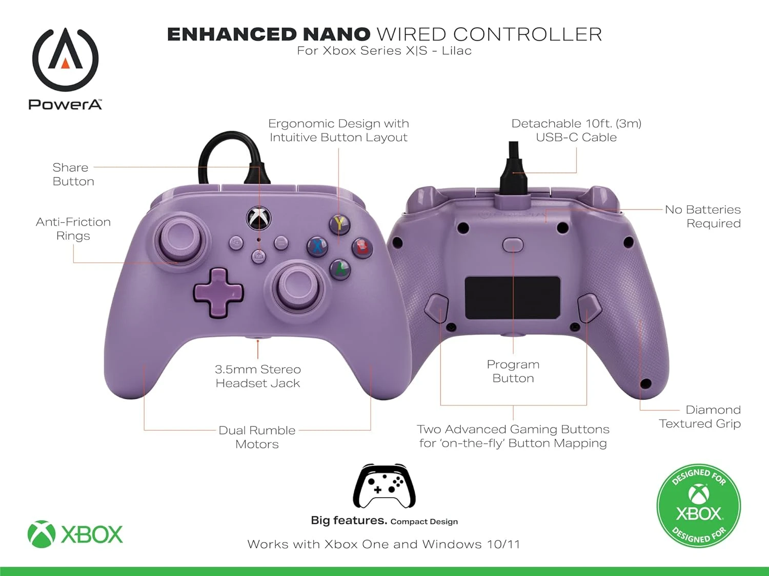 PowerA Nano Enhanced Wired Controller For Xbox Series X|S - Lilac, Portable, Compact, Gamepad, Video Game, Gaming Controller, Works With Xbox One And Windows 10/11 3 PowerA Nano Enhanced Wired Controller For Xbox Series X|S - Lilac, Portable, Compact, Gamepad, Video Game, Gaming Controller, Works With Xbox One And Windows 10/11 - Image 3