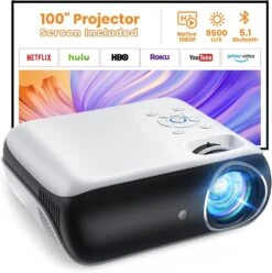 HAPPRUN Projector, Native 1080P Bluetooth Projector With 100''Screen, 9500L Portable Outdoor Movie Projector Compatible With Smartphone, HDMI,USB,AV,Fire Stick, PS5