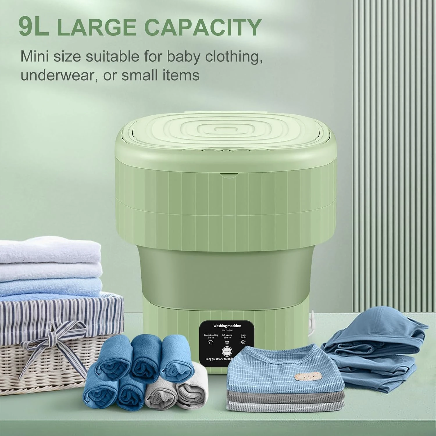 Portable Washing Machine,Mini Washing Machine,9L Large Capacity, With Drainage Basket,for Baby Clothes,Underwear Or Small Items,Convenient And Clean,Folding Deign, For Apartment Or Travel,Green 3 Portable Washing Machine,Mini Washing Machine,9L Large Capacity, With Drainage Basket,for Baby Clothes,Underwear Or Small Items,Convenient And Clean,Folding Deign, For Apartment Or Travel,Green - Image 3