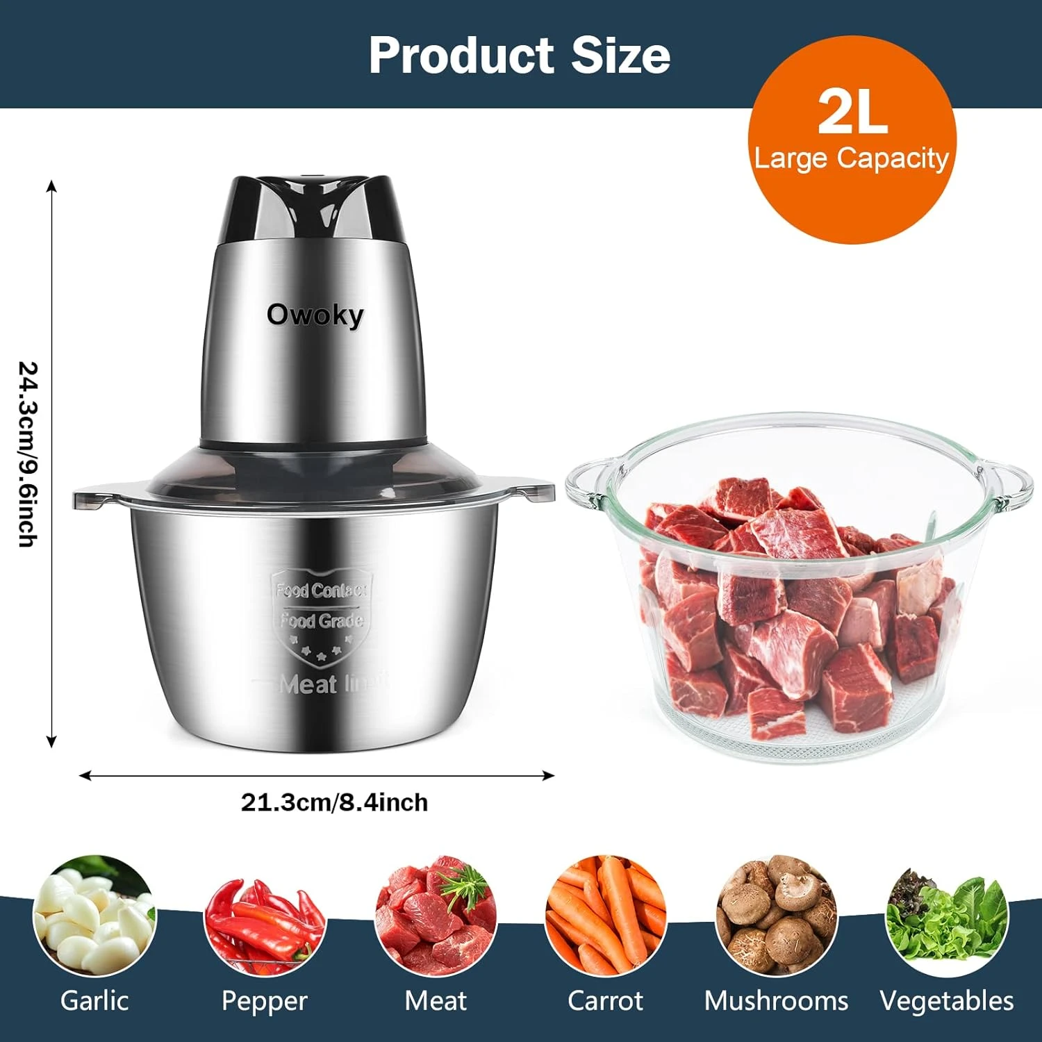 Food Processors Electric, Meat Grinder 2L Stainless Steel Meat Blender Food Chopper For Meat, Onion, Vegetables With 2pcs Bi-Level Blades, 2 Speed, 500W, 8 Cup (Meat Grinder With Single Bowl) 2 Food Processors Electric, Meat Grinder 2L Stainless Steel Meat Blender Food Chopper For Meat, Onion, Vegetables With 2pcs Bi-Level Blades, 2 Speed, 500W, 8 Cup (Meat Grinder With Single Bowl) - Image 2