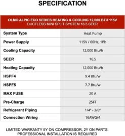 OLMO Alpic 12,000 BTU, 110/120V, 17.4 SEER2, Pre-charged Ductless Mini Split Air Conditioner With Heat Pump Including 16ft Installation Kit -Appliantrix Cheap Store 71EUpKXuK2L. AC SL1469