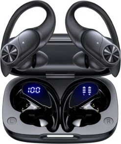 Bluetooth Headphones Wireless Earbuds 80hrs Playtime Wireless Charging Case Digital Display Sports Ear Buds With Earhook Premium Deep Bass IPX7 Waterproof Over-Ear Earphones For TV Phone Laptop Black