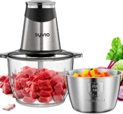 Syvio Food Processors With 2 Bowls, Meat Grinder 4 Bi-Level Blades, Mini Electric Food Chopper 400W, For Baby Food, Meat, Onion, Vegetables, 2 Speed, 8 Cup And 5 Cup