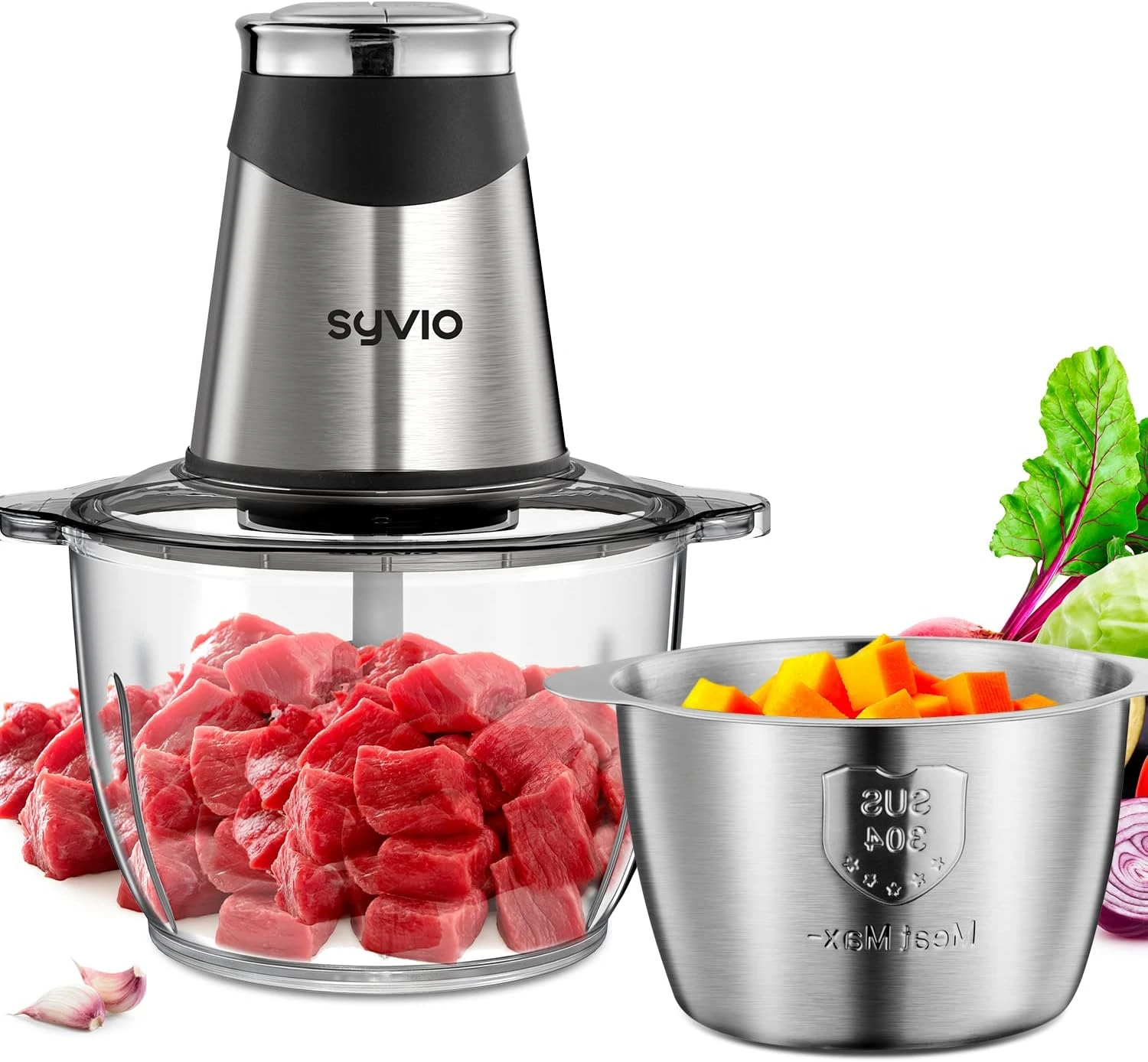 Syvio Food Processors With 2 Bowls, Meat Grinder 4 Bi-Level Blades, Mini Electric Food Chopper 400W, For Baby Food, Meat, Onion, Vegetables, 2 Speed, 8 Cup And 5 Cup 1 Syvio Food Processors With 2 Bowls, Meat Grinder 4 Bi-Level Blades, Mini Electric Food Chopper 400W, For Baby Food, Meat, Onion, Vegetables, 2 Speed, 8 Cup And 5 Cup