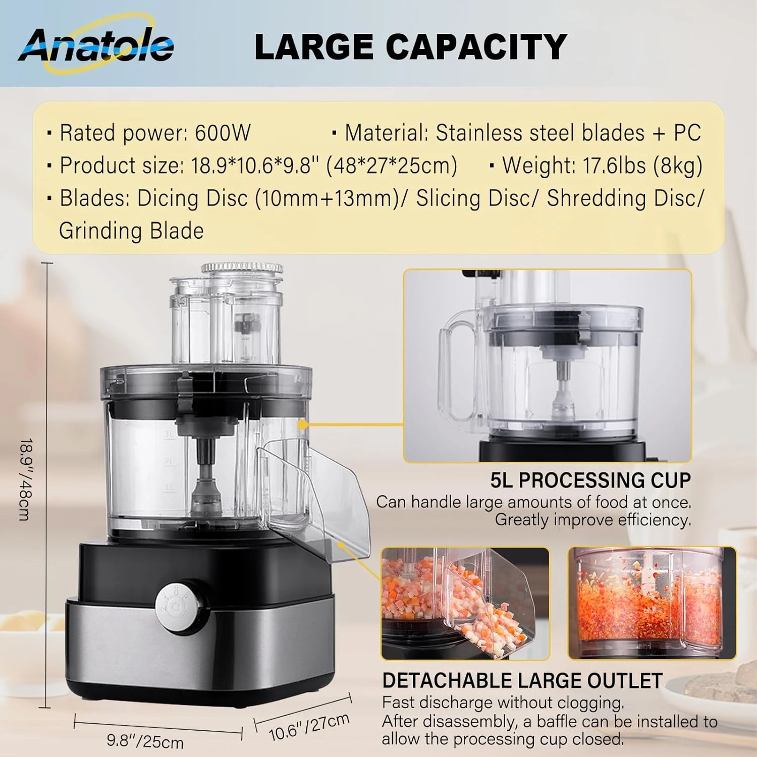 Anatole Commercial Food Processor 20-Cup Electric Vegetable Dicer Chopper 600W 5 In 1 Professional Veggie Shredder Grater Multifunctional Meat Grinder Blender With 5 Stainless Steel Blades 2 Anatole Commercial Food Processor 20-Cup Electric Vegetable Dicer Chopper 600W 5 In 1 Professional Veggie Shredder Grater Multifunctional Meat Grinder Blender With 5 Stainless Steel Blades - Image 2
