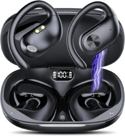 FAMOO Open Ear Headphones, Bluetooth Headphones 5.3, 60H Playtime, True Open Ear Earbuds With Reducing Hearing Loss, Deep Bass, LED Display, IPX7 Waterproof, Wireless Earbuds For Meeting, Driving