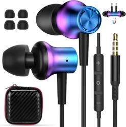3.5mm Jack Earbuds Dazzle Magnetic Wired Earphone For Moto G Stylus Pure Power In-Ear Headphone Noise Canceling HiFi Stereo Corded Headset For Samsung Galaxy A14 A13 A03 Core A03s S10 S10e PurpleBlue