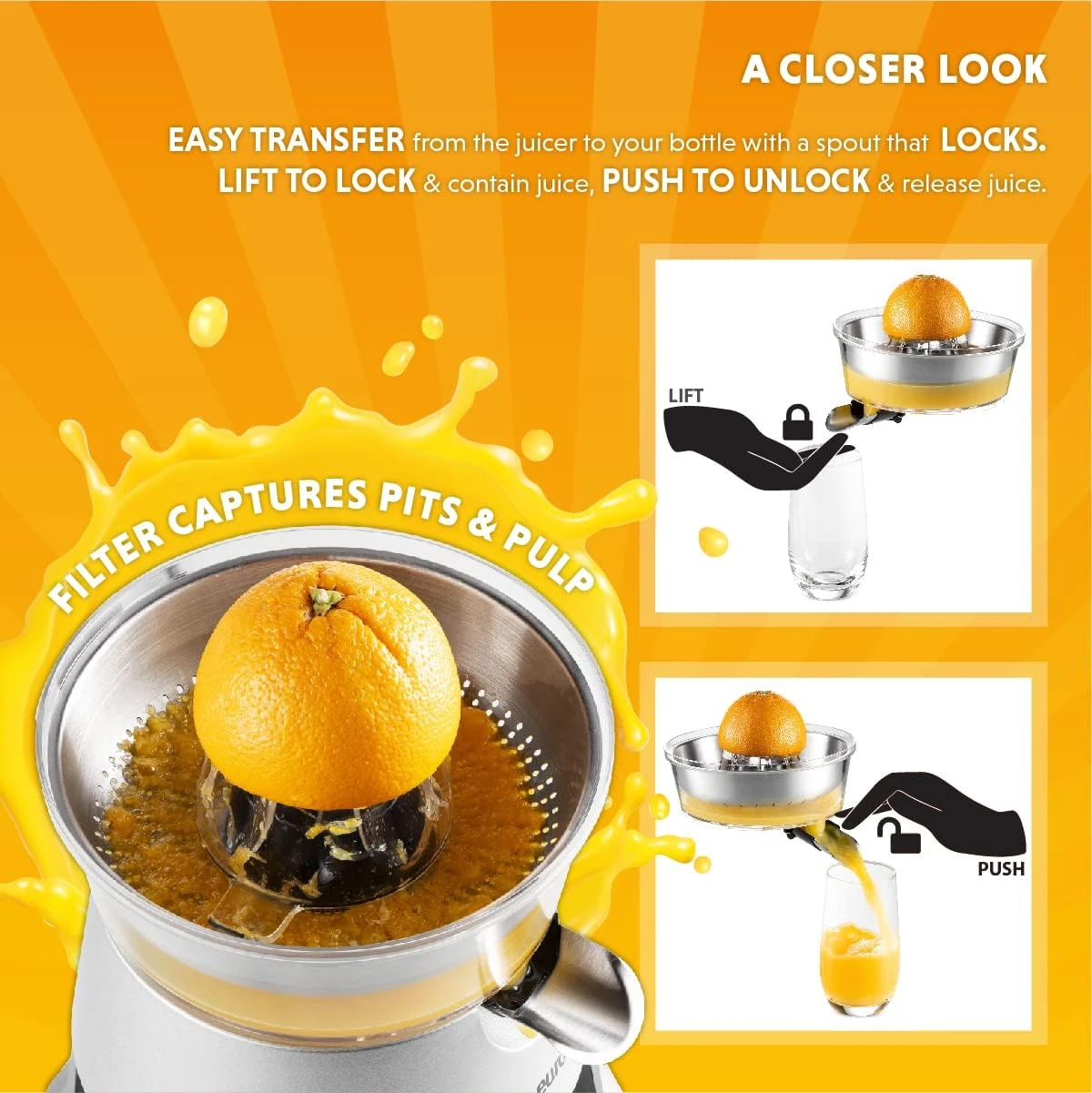 Eurolux Electric Citrus Juicer Squeezer, For Orange, Lemon, Grapefruit, Stainless Steel 160 Watts Of Power Soft Grip Handle And Cone Lid For Easy Use (ELCJ-1700S) 3 Eurolux Electric Citrus Juicer Squeezer, For Orange, Lemon, Grapefruit, Stainless Steel 160 Watts Of Power Soft Grip Handle And Cone Lid For Easy Use (ELCJ-1700S) - Image 3