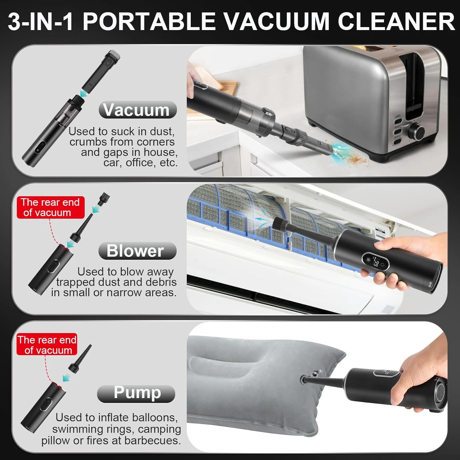 Mini Car Vacuum Cleaner,Lovyi Handheld Vacuum 15000PA Powerful Suction,Car Vacuum Cordless Rechargeable With LED Display,3 In 1 Mini Car Vacs With Blower & Inflator,Small Portable Vacuum For Car,Home 4 Mini Car Vacuum Cleaner,Lovyi Handheld Vacuum 15000PA Powerful Suction,Car Vacuum Cordless Rechargeable With LED Display,3 In 1 Mini Car Vacs With Blower & Inflator,Small Portable Vacuum For Car,Home - Image 4