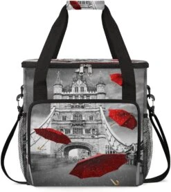 Cfpolar Coffee Maker Carrying Bag Bridge Flying Red Umbrellas Travel Coffee Machine Bag Carrying Organizer Case Portable Single Serve Coffee Brewer Tote Bag Storage Bag For Camping Picnic