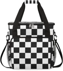 Cfpolar Coffee Maker Carrying Bag Black White Checkerboard Plaid Travel Coffee Machine Bag Carrying Organizer Case Portable Single Serve Coffee Brewer Tote Bag Storage Bag For Camping Picnic