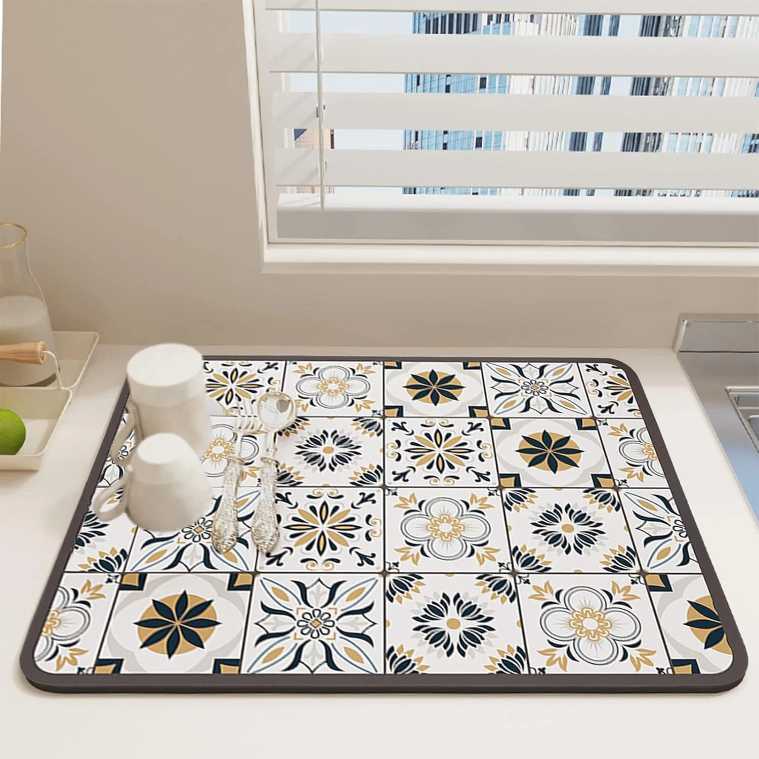 Dish Drying Mat For Kitchen Counter-Coffee Bar Accessories Fit Under Coffee Maker Coffee Machine Coffee Pot Espresso Machine Dish Rack (Yellow Navy Print, 12 X 16 Inch) 6 Dish Drying Mat For Kitchen Counter-Coffee Bar Accessories Fit Under Coffee Maker Coffee Machine Coffee Pot Espresso Machine Dish Rack (Yellow Navy Print, 12 X 16 Inch) - Image 6