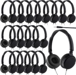 Yunsailing 18 Pack Classroom Headphones Bulk Student Headphones Wired Class Headphones Set For Kids School With Individually Wrapped Adjustable Over Ear Head Earbuds (Black)