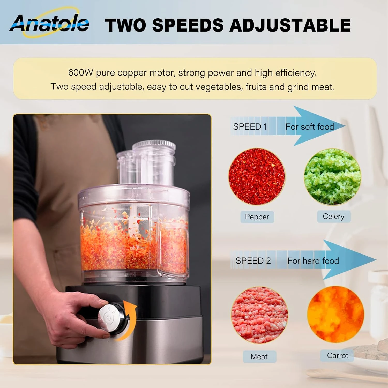 Anatole Commercial Food Processor 20-Cup Electric Vegetable Dicer Chopper 600W 5 In 1 Professional Veggie Shredder Grater Multifunctional Meat Grinder Blender With 5 Stainless Steel Blades 5 Anatole Commercial Food Processor 20-Cup Electric Vegetable Dicer Chopper 600W 5 In 1 Professional Veggie Shredder Grater Multifunctional Meat Grinder Blender With 5 Stainless Steel Blades - Image 5