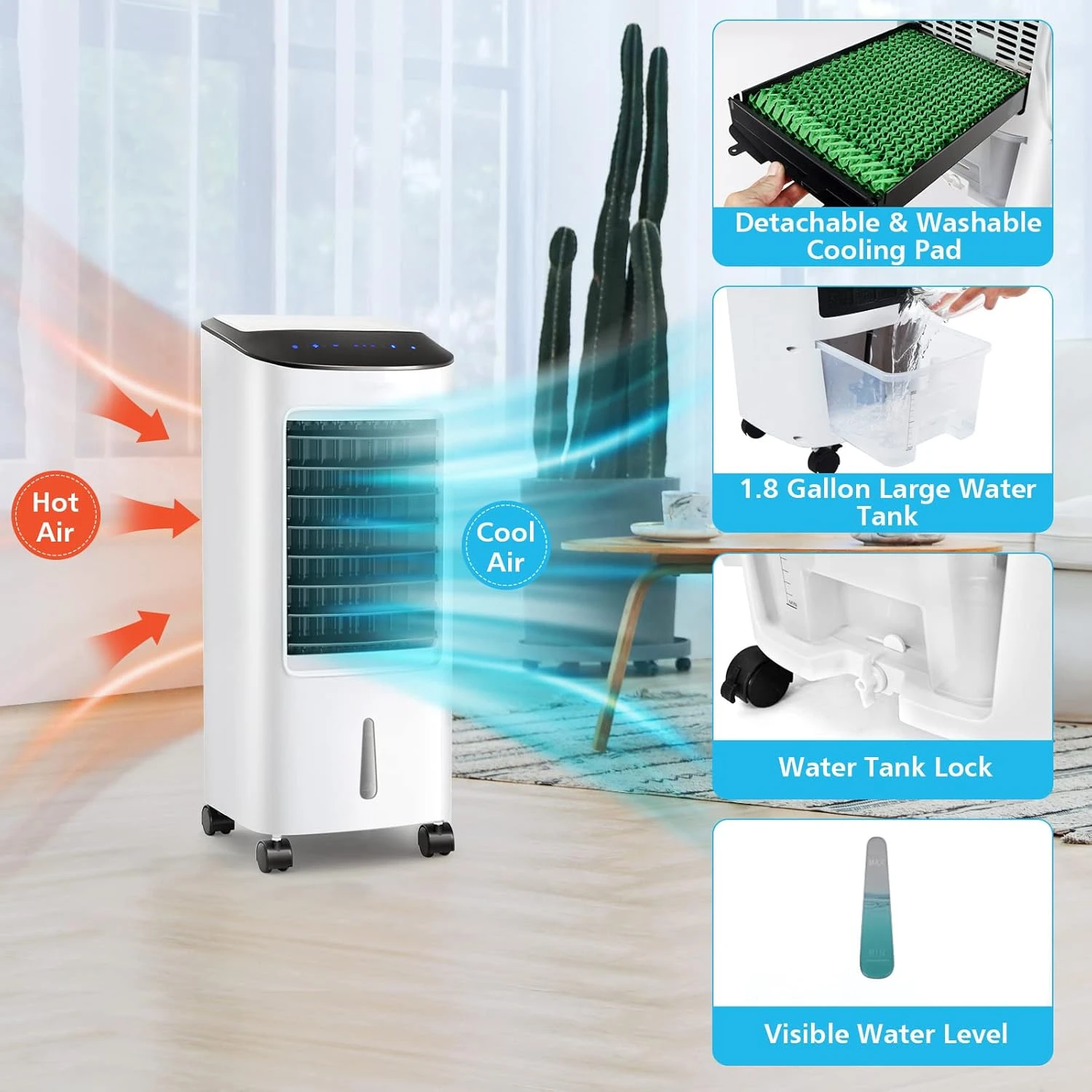 PETSITE Evaporative Air Cooler, Cold Air Cooling Fan With Remote Control, 3 Modes, 3 Speeds, 2 Ice Packs, 7.5H Timer, Portable Air Conditioner Windowless, Personal Swamp Cooler For Bedroom Home Dorm 5 PETSITE Evaporative Air Cooler, Cold Air Cooling Fan With Remote Control, 3 Modes, 3 Speeds, 2 Ice Packs, 7.5H Timer, Portable Air Conditioner Windowless, Personal Swamp Cooler For Bedroom Home Dorm - Image 5