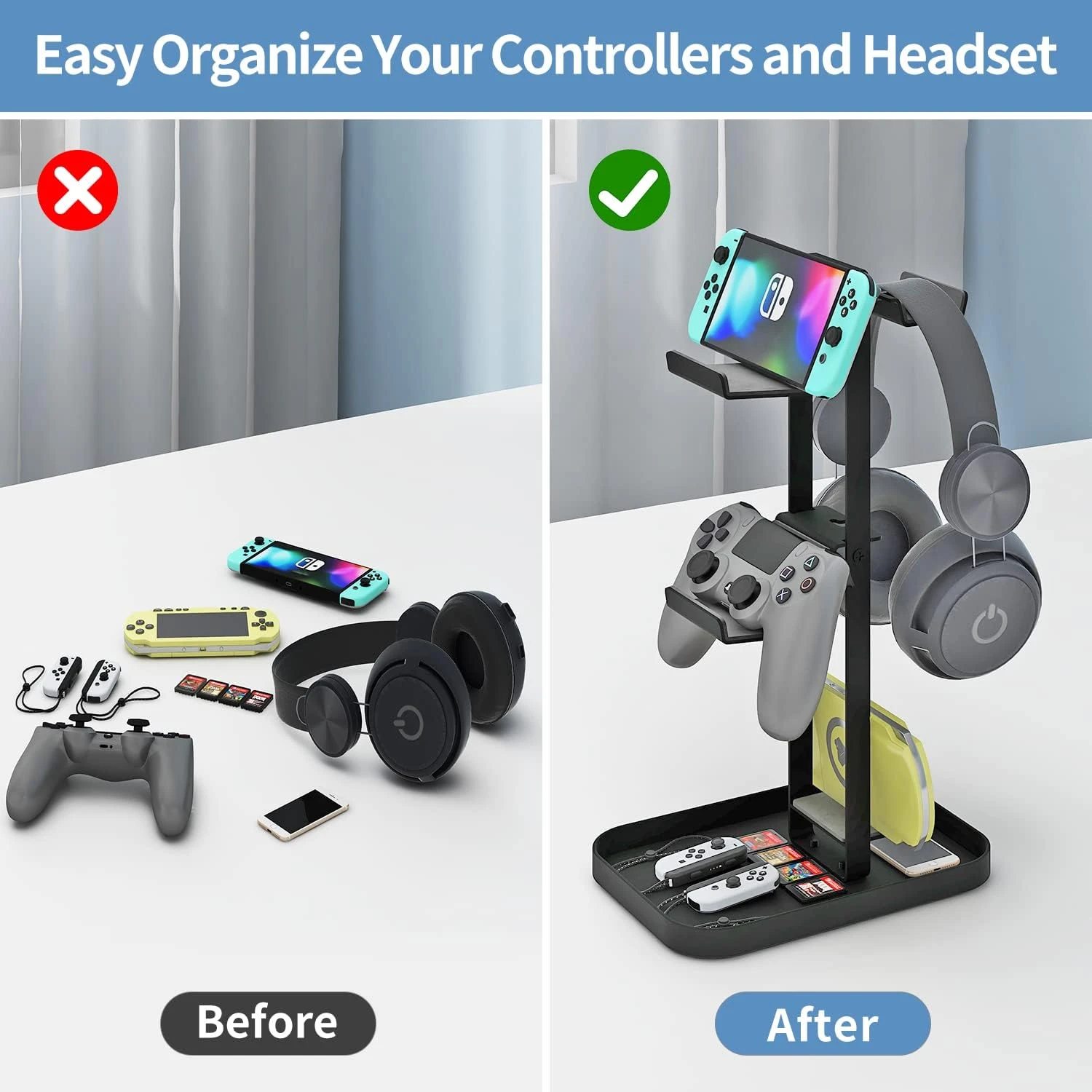 MAYZOLOP Controller Stand 2 Tiers, Headphone Holder With Cable Organizer For Desk, Anti-Slip Stable Design Universal Storage Compatible With Gaming Accessories Headset Xbox PS5 PS4 Nintendo Switch 5 MAYZOLOP Controller Stand 2 Tiers, Headphone Holder With Cable Organizer For Desk, Anti-Slip Stable Design Universal Storage Compatible With Gaming Accessories Headset Xbox PS5 PS4 Nintendo Switch - Image 5