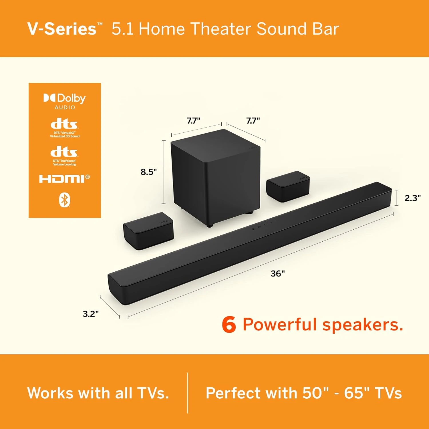 VIZIO V-Series 5.1 Home Theater Sound Bar With Dolby Audio, Bluetooth, Wireless Subwoofer, Voice Assistant Compatible, Includes Remote Control - V51x-J6 2 VIZIO V-Series 5.1 Home Theater Sound Bar With Dolby Audio, Bluetooth, Wireless Subwoofer, Voice Assistant Compatible, Includes Remote Control - V51x-J6 - Image 2
