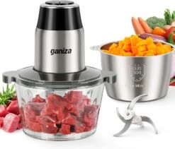 GANIZA Food Processors, Electric Food Chopper With Meat Grinder & Vegetable Chopper - 2 Bowls (8 Cup+8 Cup) With Powerful 450W Copper Motor - Includes 2 Sets Of Bi-Level Blades For Baby Food/Meat/Nuts