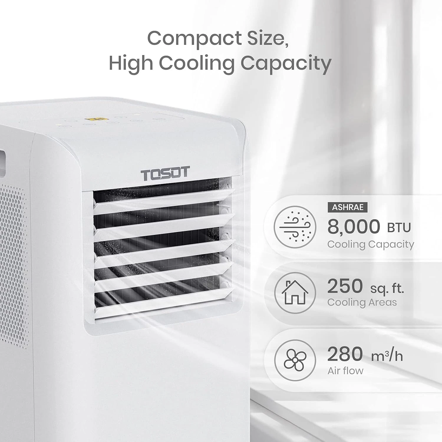 TOSOT 8,000 BTU Air Conditioner Easier To Install, Quiet And 3-in-1 Portable AC, Dehumidifier, Fan For Rooms Up To 250 Sq Ft, Aovia Series, White 2 TOSOT 8,000 BTU Air Conditioner Easier To Install, Quiet And 3-in-1 Portable AC, Dehumidifier, Fan For Rooms Up To 250 Sq Ft, Aovia Series, White - Image 2