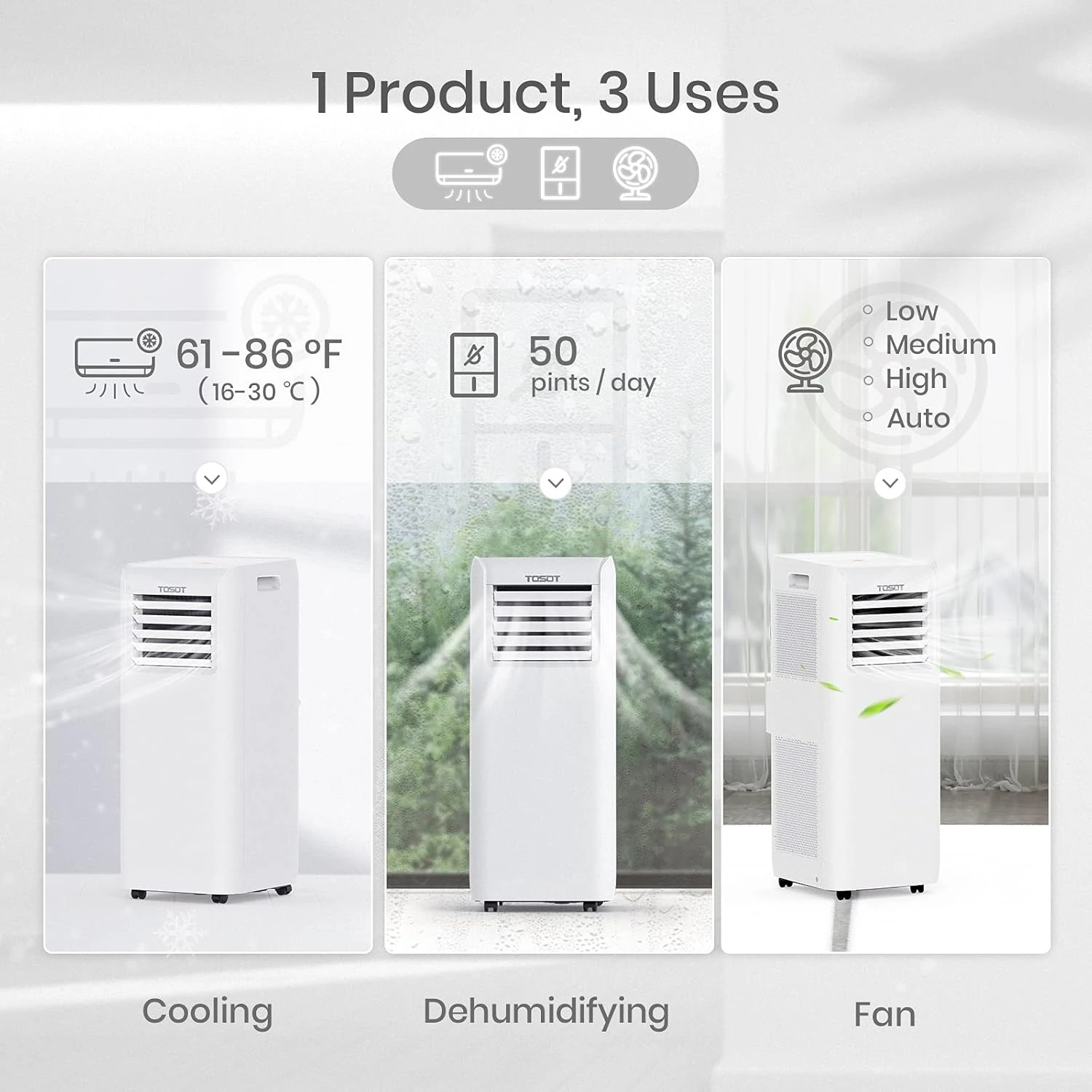 TOSOT 8,000 BTU Air Conditioner Easier To Install, Quiet And 3-in-1 Portable AC, Dehumidifier, Fan For Rooms Up To 250 Sq Ft, Aovia Series, White 3 TOSOT 8,000 BTU Air Conditioner Easier To Install, Quiet And 3-in-1 Portable AC, Dehumidifier, Fan For Rooms Up To 250 Sq Ft, Aovia Series, White - Image 3