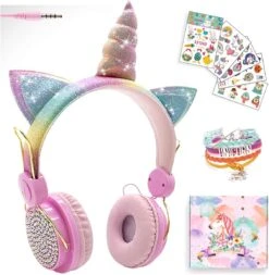SVYHUOK Girls Pink Unicorn Wired Headphones,Cute Cat Ear Kids Game Headset For Boys Teens Tablet Laptop PC,Over Ear Children Headset WithMic,for School Birthday Xmas Gifts