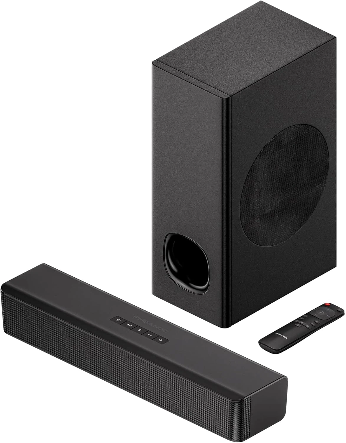 PHEANOO 2.1 Compact Sound Bars For TV With Subwoofer, HDMI ARC/Bluetooth 5.0/Optical/AUX/RCA Connection, Remote Control, Adjustable Bass, Wall Mountable – P15, 140W, 16 Inch 1 PHEANOO 2.1 Compact Sound Bars For TV With Subwoofer, HDMI ARC/Bluetooth 5.0/Optical/AUX/RCA Connection, Remote Control, Adjustable Bass, Wall Mountable – P15, 140W, 16 Inch