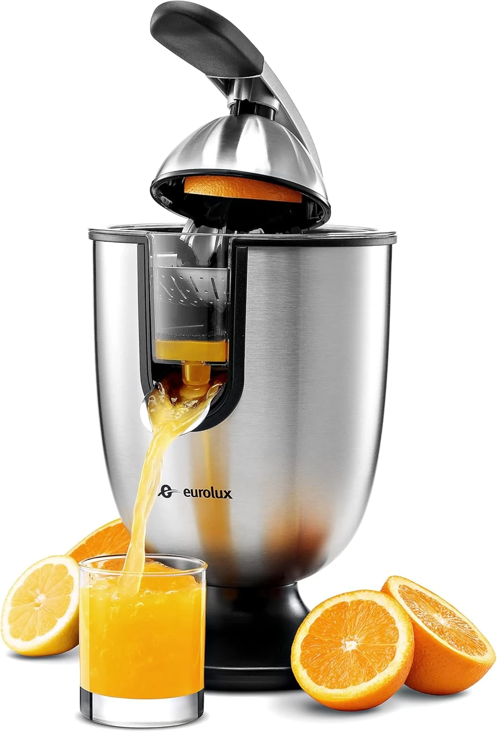 Eurolux Electric Citrus Juicer Squeezer, For Orange, Lemon, Grapefruit, Stainless Steel 160 Watts Of Power Soft Grip Handle And Cone Lid For Easy Use (ELCJ-1700S) 1 Eurolux Electric Citrus Juicer Squeezer, For Orange, Lemon, Grapefruit, Stainless Steel 160 Watts Of Power Soft Grip Handle And Cone Lid For Easy Use (ELCJ-1700S)