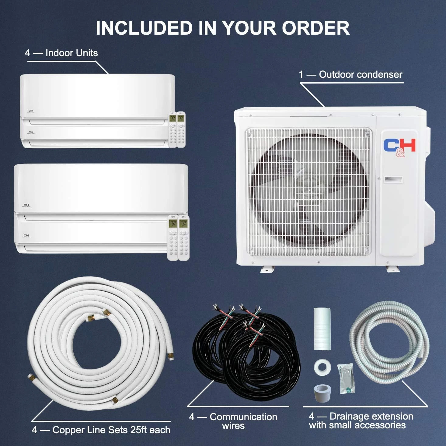 Cooper & Hunter Four 4 Zone 9,000 + 9,000 + 9,000 + 18,000 BTU Ductless Mini Split AC/Heating System Full Set With 25FT Installation Kits 3 Cooper & Hunter Four 4 Zone 9,000 + 9,000 + 9,000 + 18,000 BTU Ductless Mini Split AC/Heating System Full Set With 25FT Installation Kits - Image 3