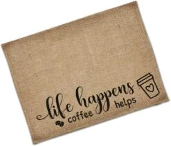 Funny Waterproof Coffee Bar Mat - Life Happens Coffee Helps, Farmhouse Burlap Coffee Bar Placemat With Fabric Backing Coffee Maker, Coffee Station Accessories Decor Coffee Lovers Gift