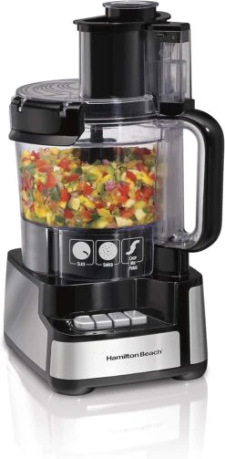 Hamilton Beach Stack & Snap Food Processor And Vegetable Chopper, BPA Free, Stainless Steel Blades, 12 Cup Bowl, 2-Speed 450 Watt Motor, Black (70725A)
