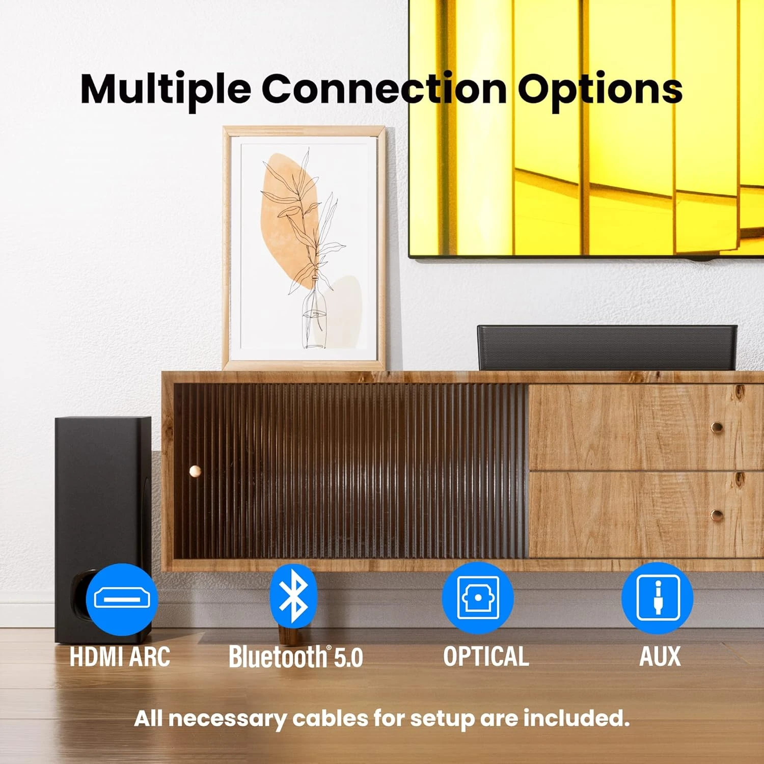 PHEANOO 2.1 Compact Sound Bars For TV With Subwoofer, HDMI ARC/Bluetooth 5.0/Optical/AUX/RCA Connection, Remote Control, Adjustable Bass, Wall Mountable – P15, 140W, 16 Inch 3 PHEANOO 2.1 Compact Sound Bars For TV With Subwoofer, HDMI ARC/Bluetooth 5.0/Optical/AUX/RCA Connection, Remote Control, Adjustable Bass, Wall Mountable – P15, 140W, 16 Inch - Image 3