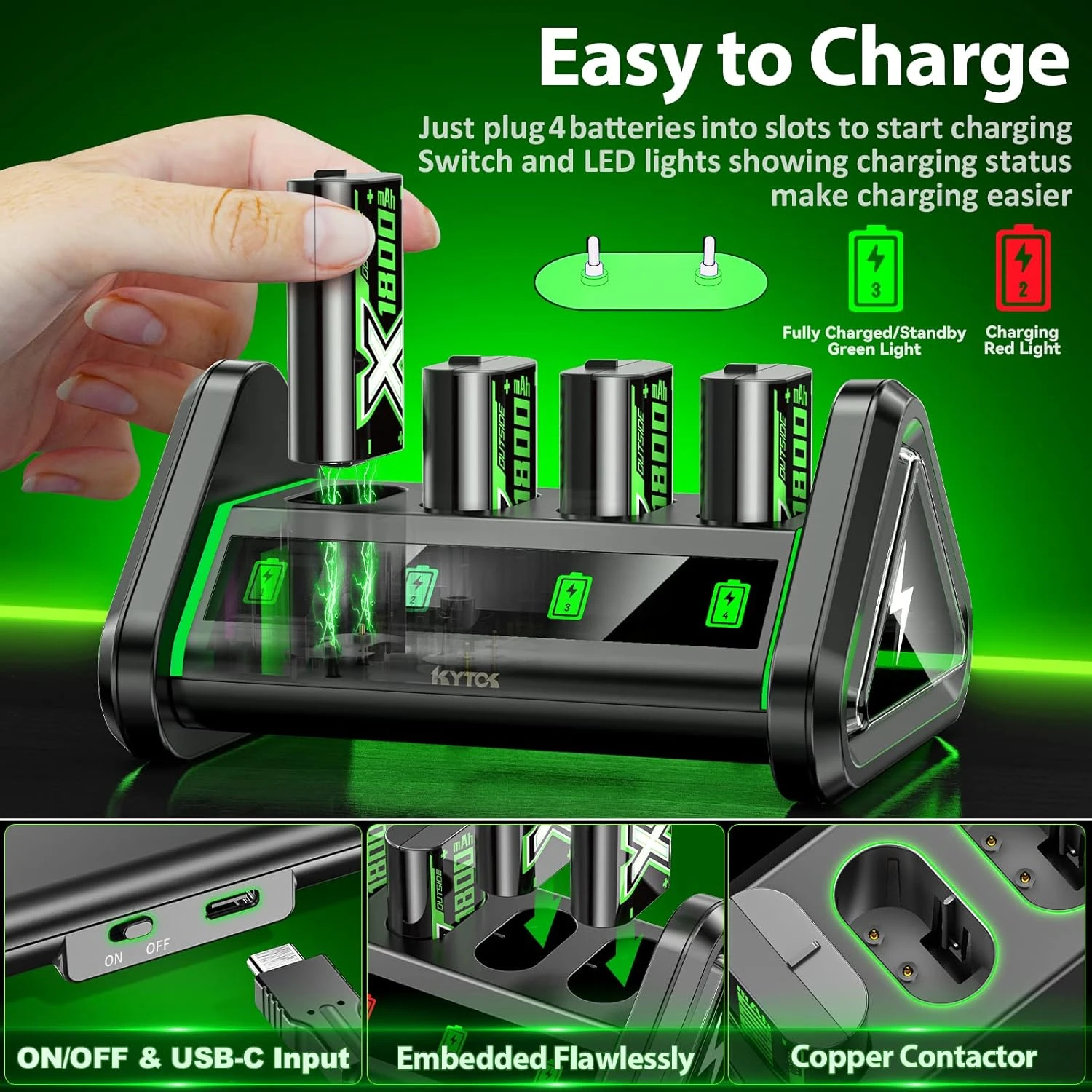 Kytok Rechargeable Battery Pack, Battery Charger Compatible With Xbox One/Series X|S/Xbox Elite Controller, 4 X 1800 MAh Controller Battery Pack Replacement For Xbox Series X|S/Xbox One Controller 5 Kytok Rechargeable Battery Pack, Battery Charger Compatible With Xbox One/Series X|S/Xbox Elite Controller, 4 X 1800 MAh Controller Battery Pack Replacement For Xbox Series X|S/Xbox One Controller - Image 5
