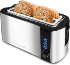 Elite Gourmet ECT-3100 Long Slot 4 Slice Toaster, Reheat, 6 Toast Settings, Defrost, Cancel Functions, Built-in Warming Rack, Extra Wide Slots For Bagels & Waffles, Stainless Steel & Black
